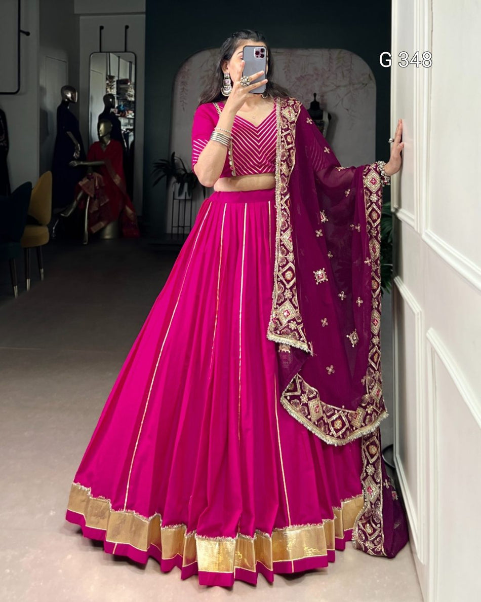 Pink Cotton Lehenga with Lace & Mirror Work - G 348 Pink