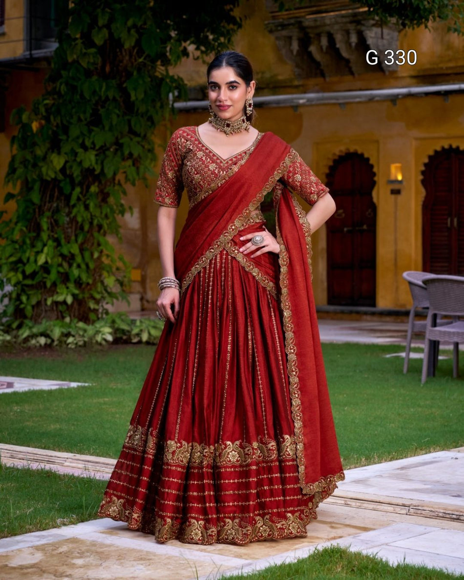 Rangoli Crush Lehenga with Sequins & Thread Embroidery – G 330 Rust Orange