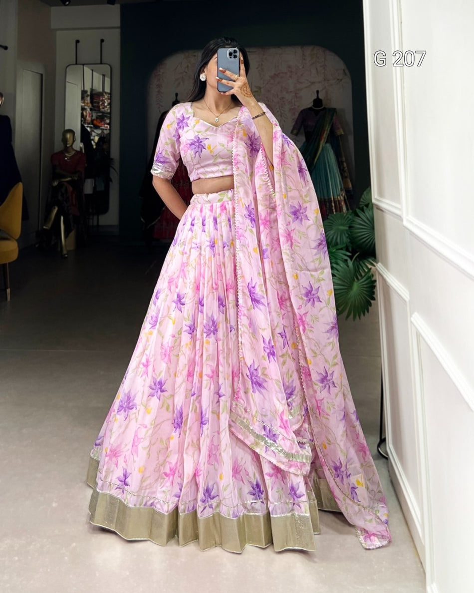 Floral Print Tabby Silk Lehenga with Lace Touch Up – G 207