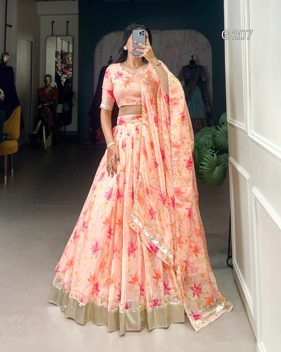 Floral Print Tabby Silk Lehenga with Lace Touch Up – G 207 Peach