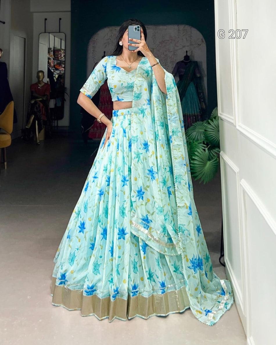 Floral Print Tabby Silk Lehenga with Lace Touch Up – G 207 Pista