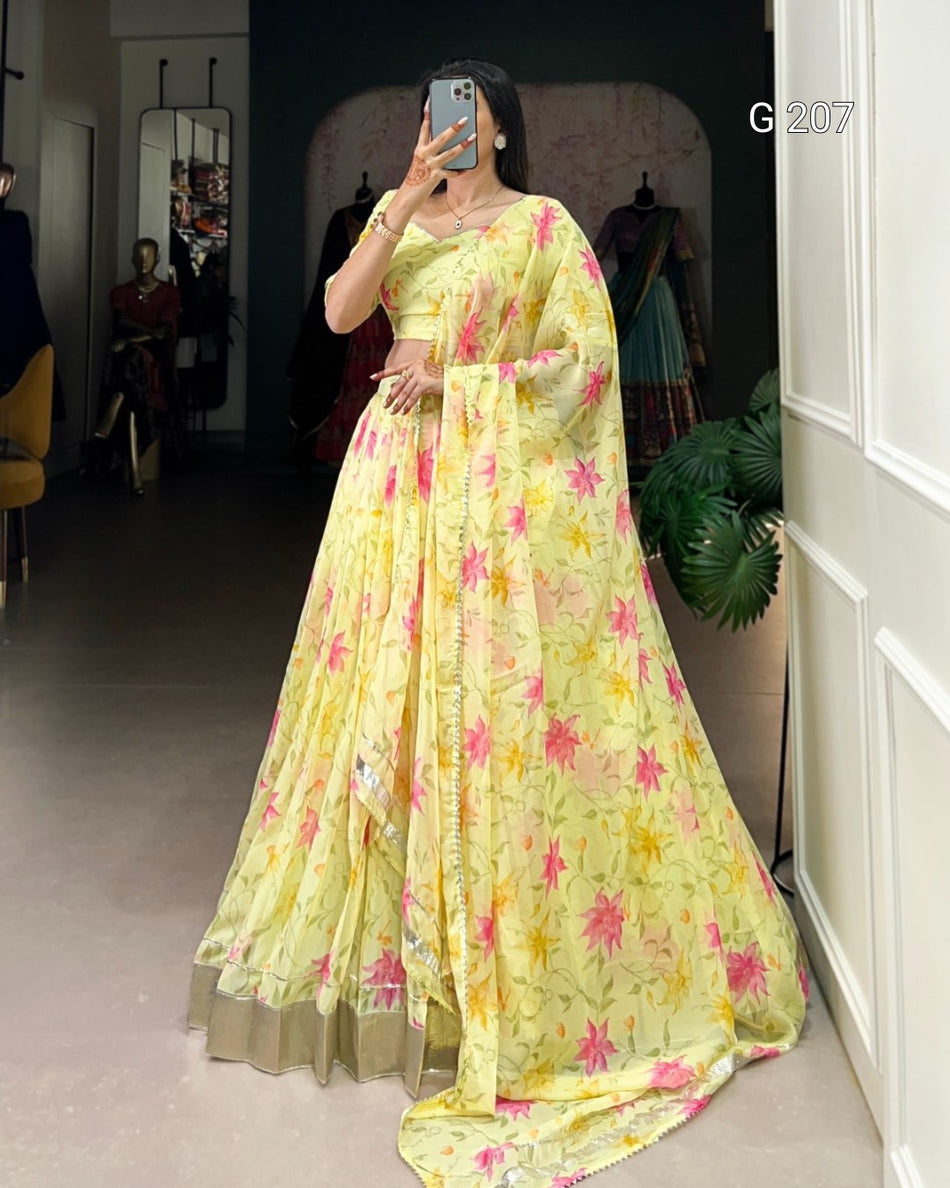Floral Print Tabby Silk Lehenga with Lace Touch Up – G 207 Yellow