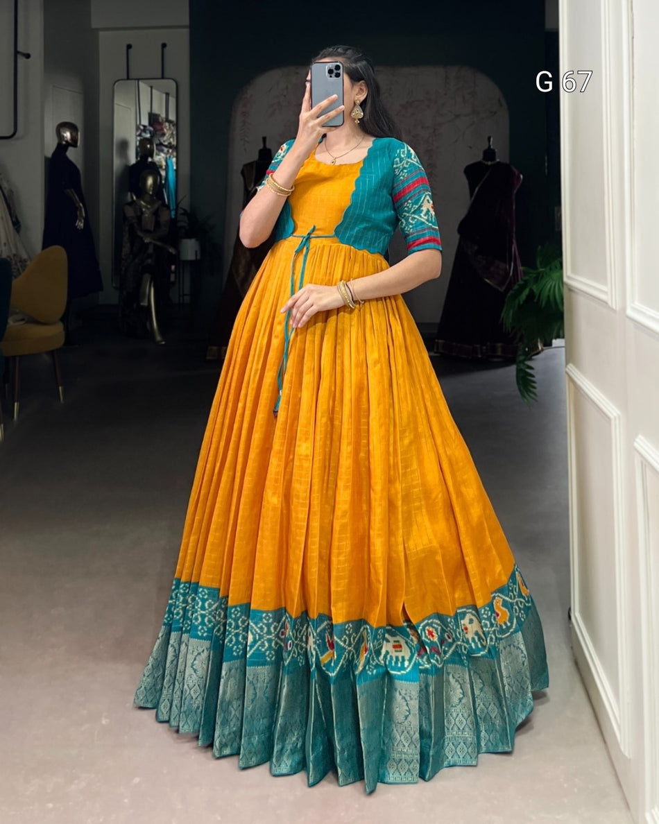 Tasar Chex Gown with Patola Print & Weaving Work Border – G 67