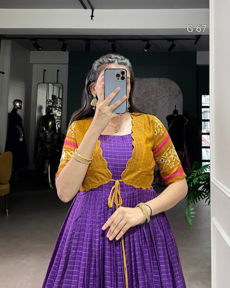 Tasar Chex Gown with Patola Print & Weaving Work Border – G 67 Purple