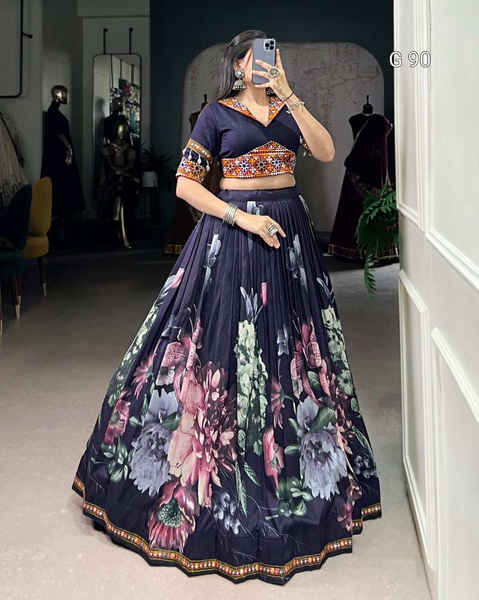 Tasar Silk Lehenga with Floral Print & Paper Mirror Lace Touch Up – G 90 Blue