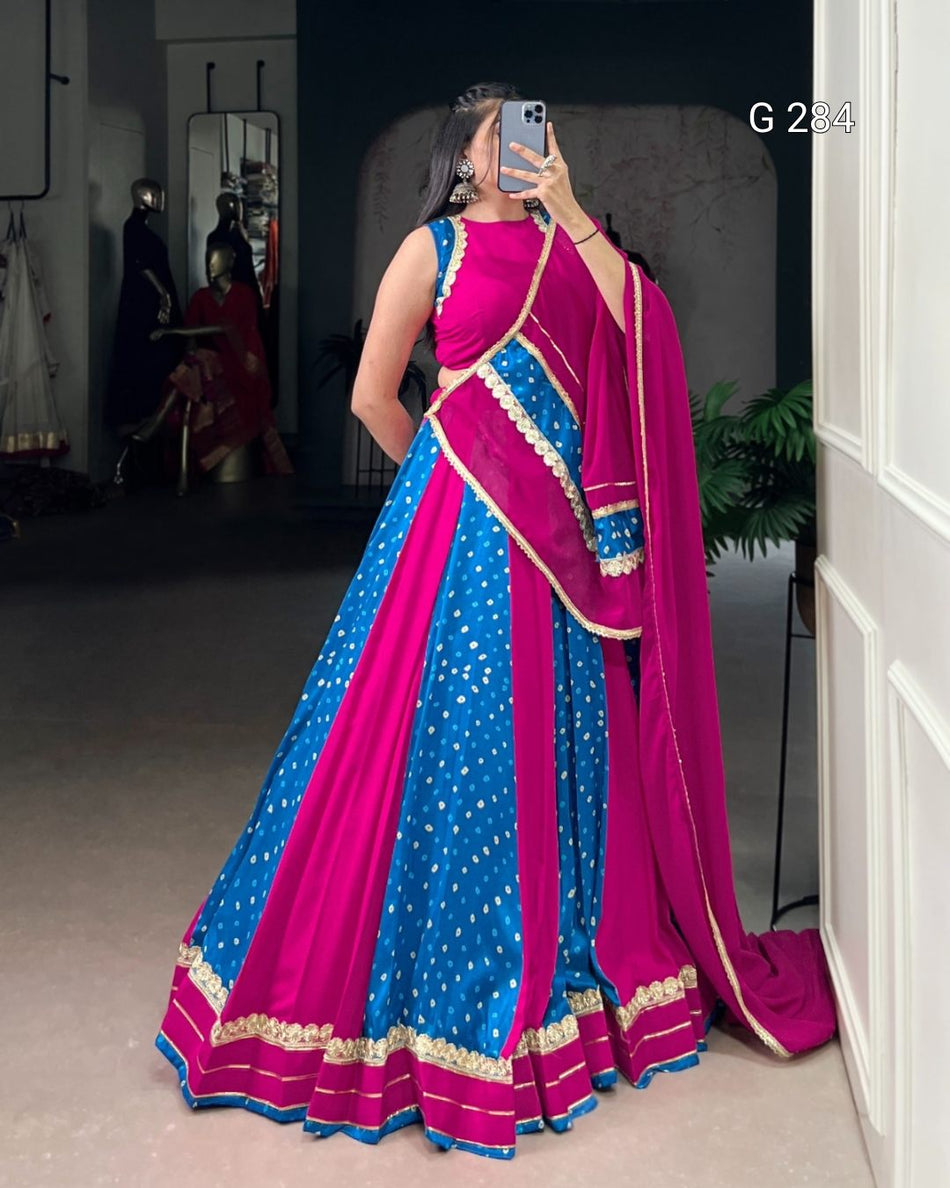 Bandhej Print Tasar Silk Lehenga with Lace Touch Up – G 284 Pink