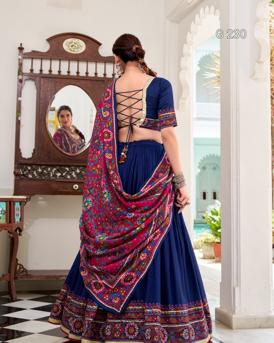 Gamthi Print Tasar Silk Lehenga with Embossed Design & Gotta Patti Lace – G 230 Navi Blue