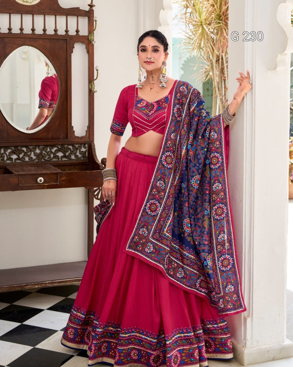 Gamthi Print Tasar Silk Lehenga with Embossed Design & Gotta Patti Lace – G 230