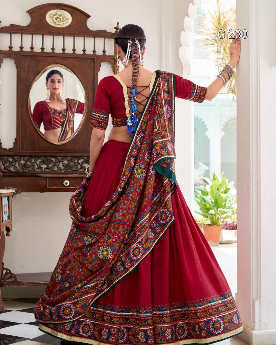 Gamthi Print Tasar Silk Lehenga with Embossed Design & Gotta Patti Lace – G 230 Red