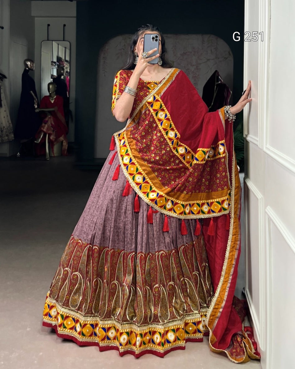 Kashmiri Print & Mirror Gamthi Work Tasar Silk Lehenga – G 251 Onion