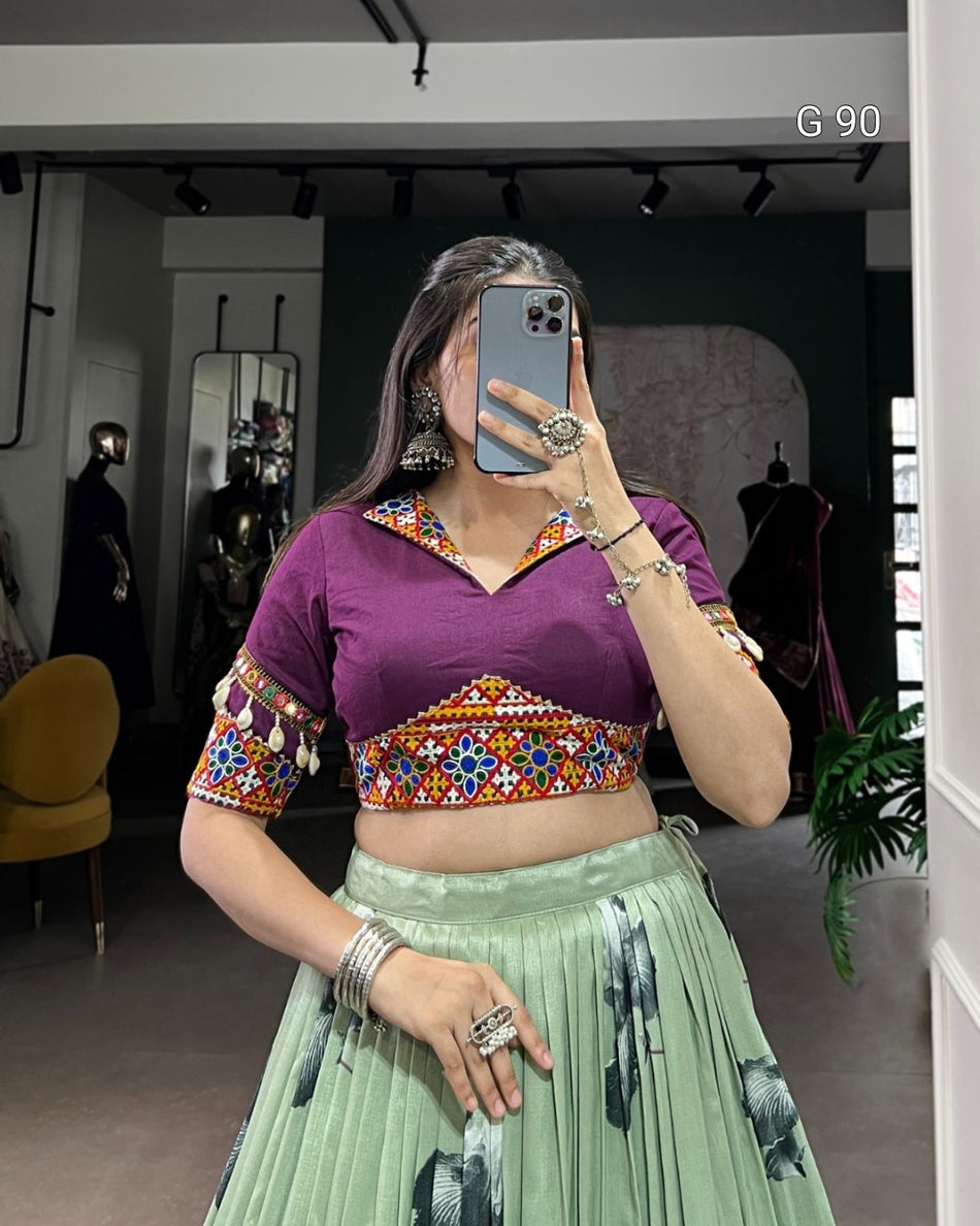 Tasar Silk Lehenga with Floral Print & Paper Mirror Lace Touch Up – G 90 Pista