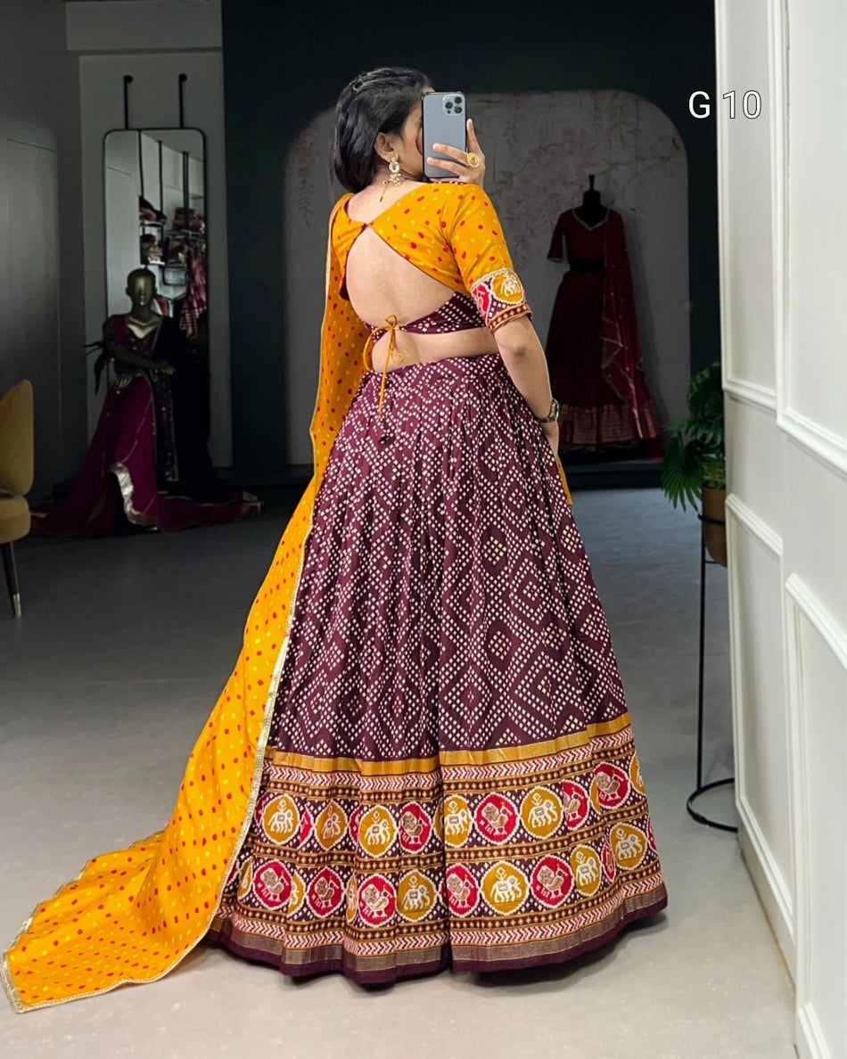 Wine Tasar Silk Lehenga with Bandhej and Patola Print – Foil Work, Stitched Blouse, and Dola Silk Dupatta - G 10 Wine