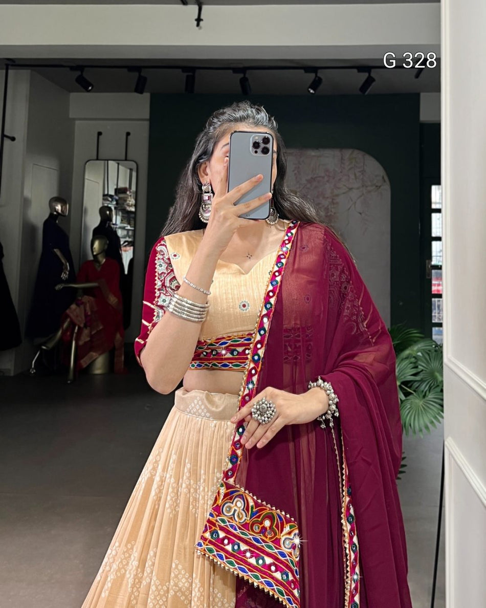 Tasar Silk Lehenga with Foil & Real Mirror Gamthi Work – G 328