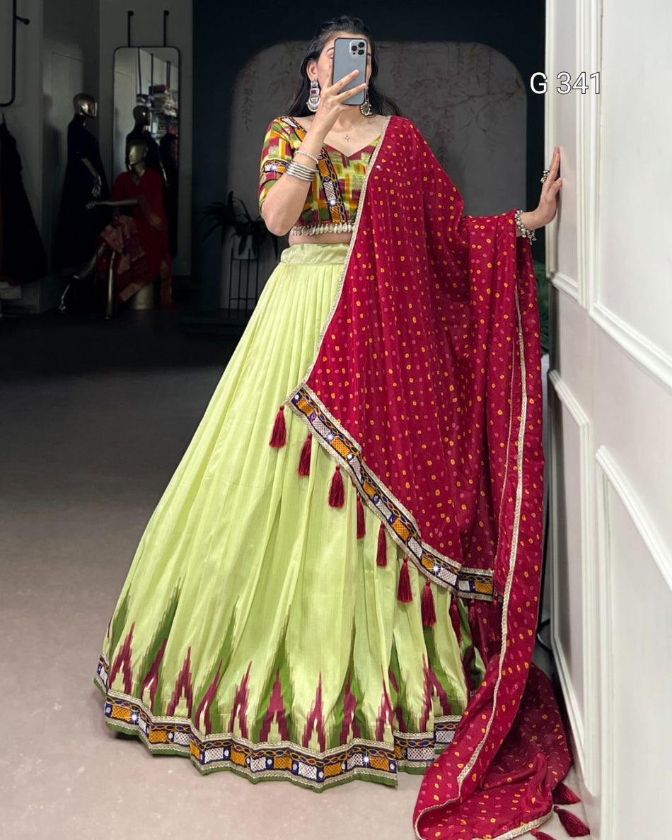 Elegant Tasar Silk Lehenga with Foil & Mirror Gamthi Work - G 341