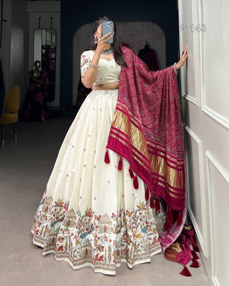 Temple Khadi Cotton Lehenga with Sequins & Thread Embroidery Work and Tassel Dupatta-G 140 Temple