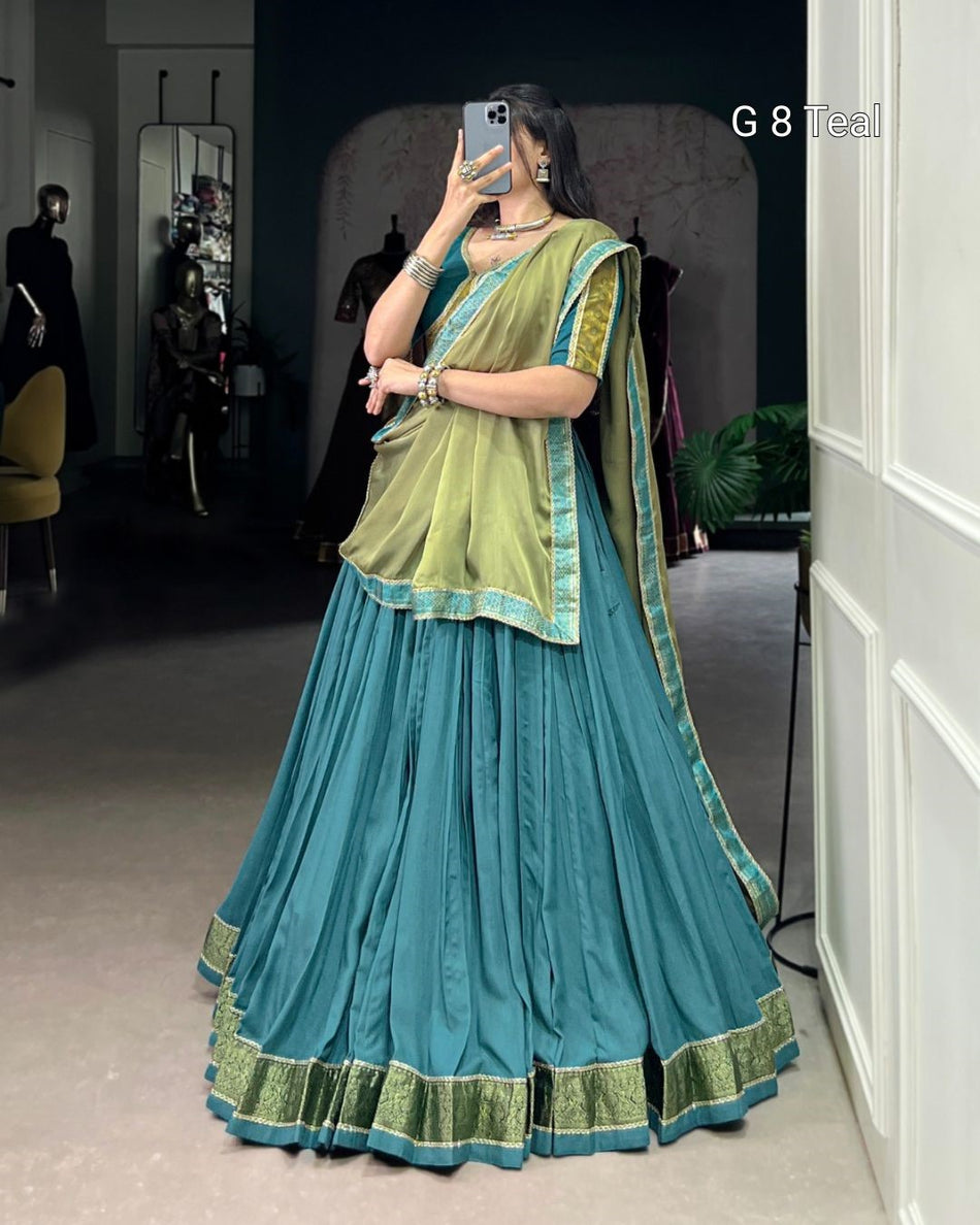 Teal Pure Rayon Lehenga with Zari Weaving Work and Lace Border – G 8 Teal