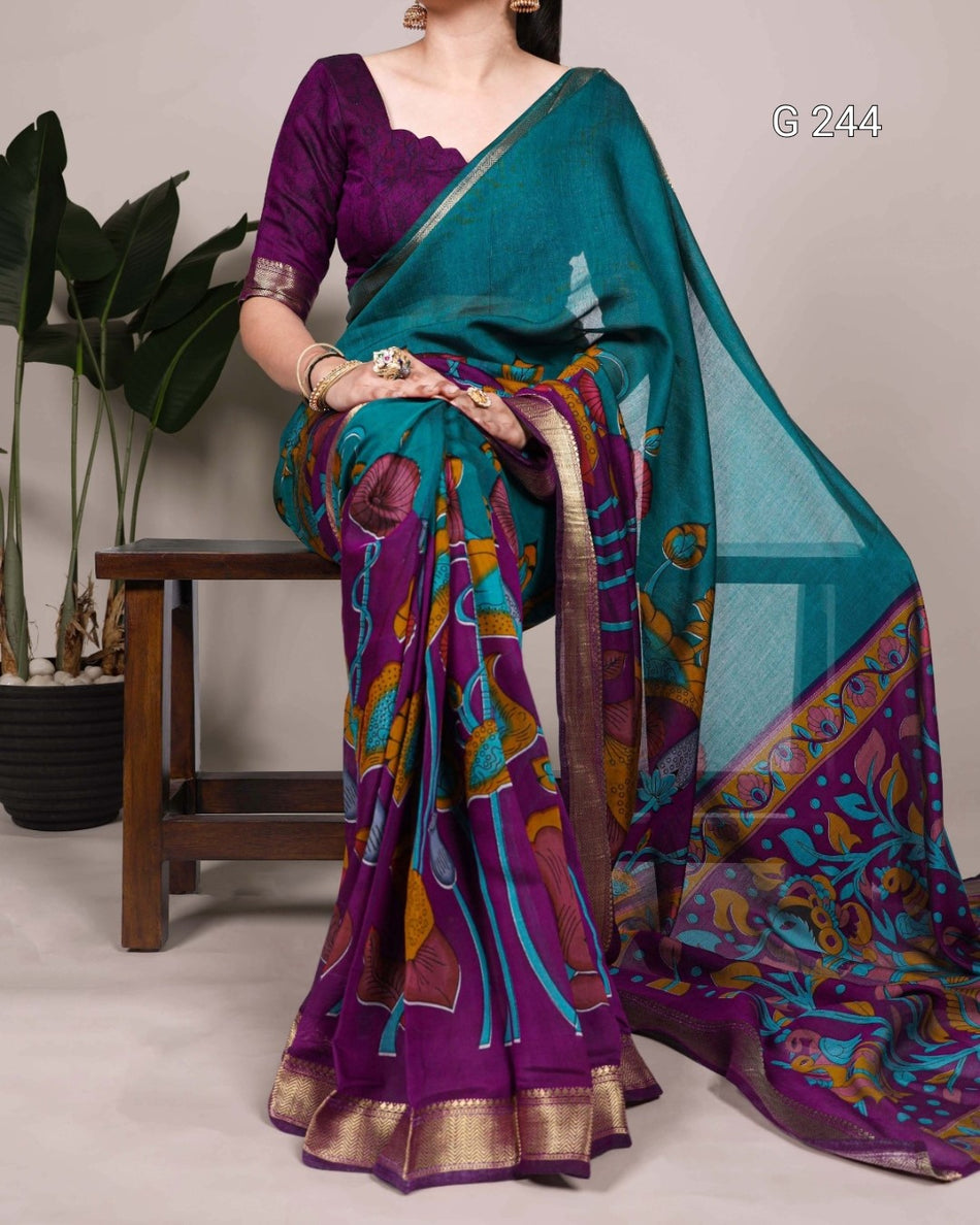 Traditional Floral Printed Polyester Viscose Chanderi Saree with Zari Weaving – G 244 Teal