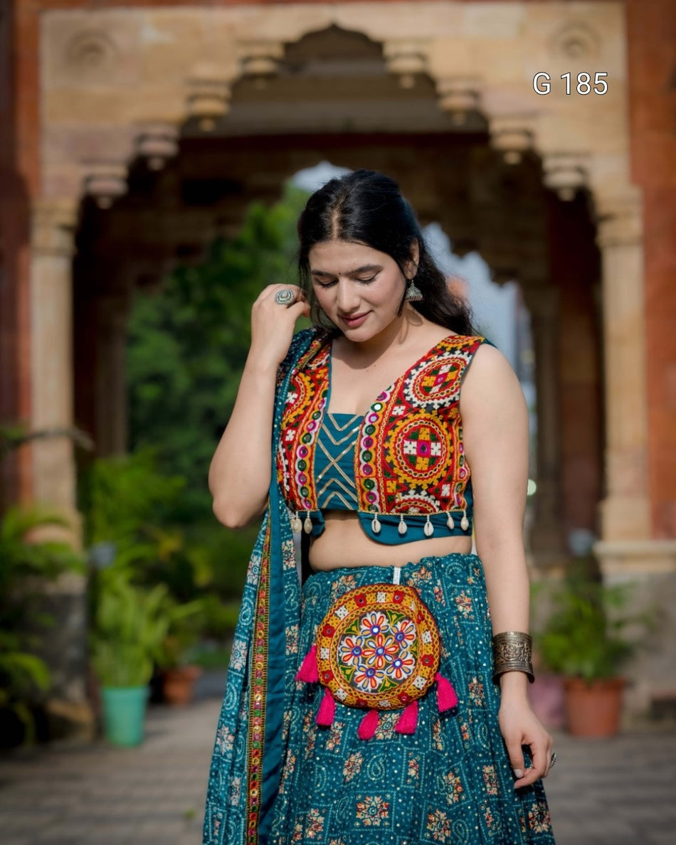 Teal Pure Rayon Lehenga with Foil & Gamthi Patch Work – G 185 Teal