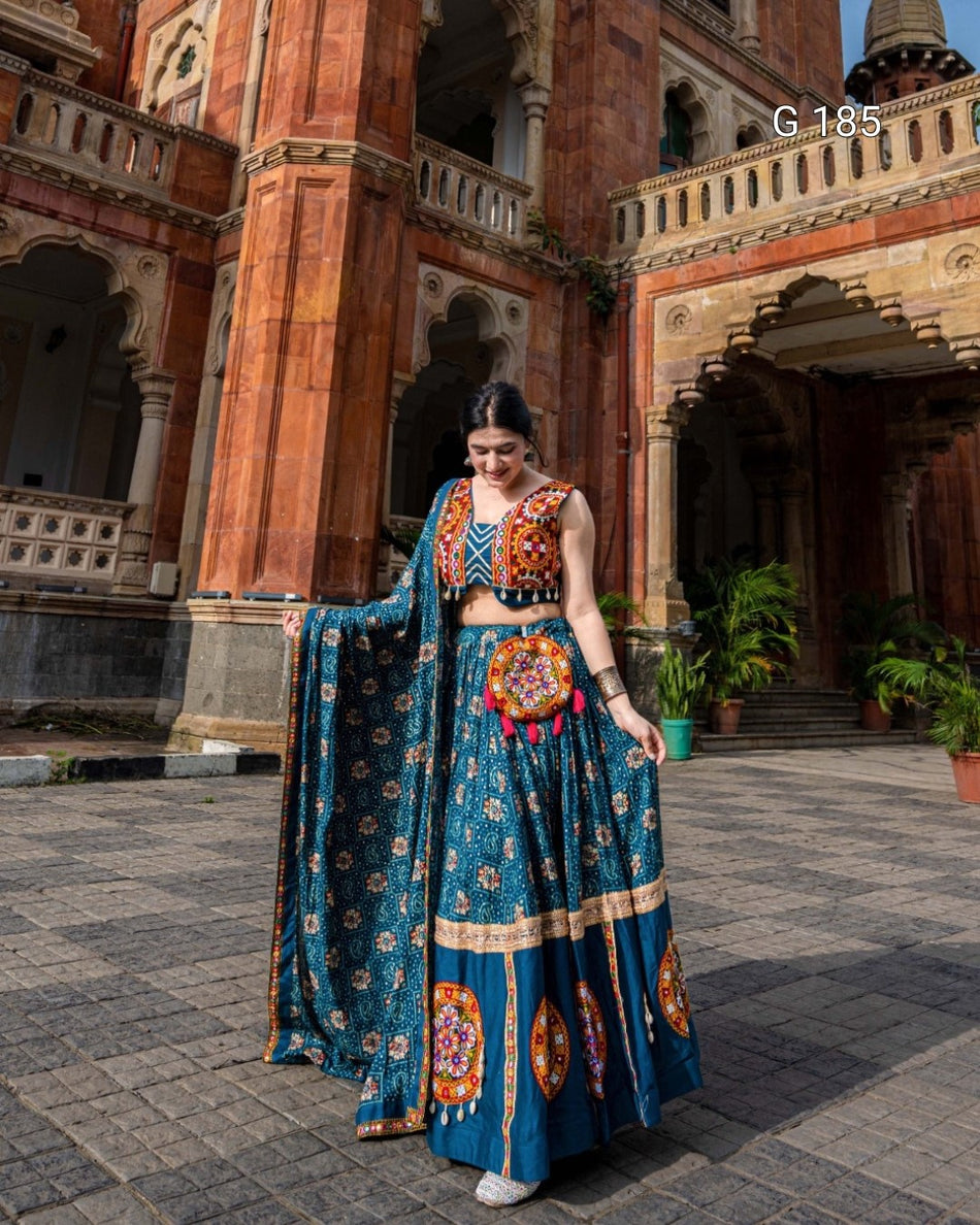 Teal Pure Rayon Lehenga with Foil & Gamthi Patch Work – G 185 Teal