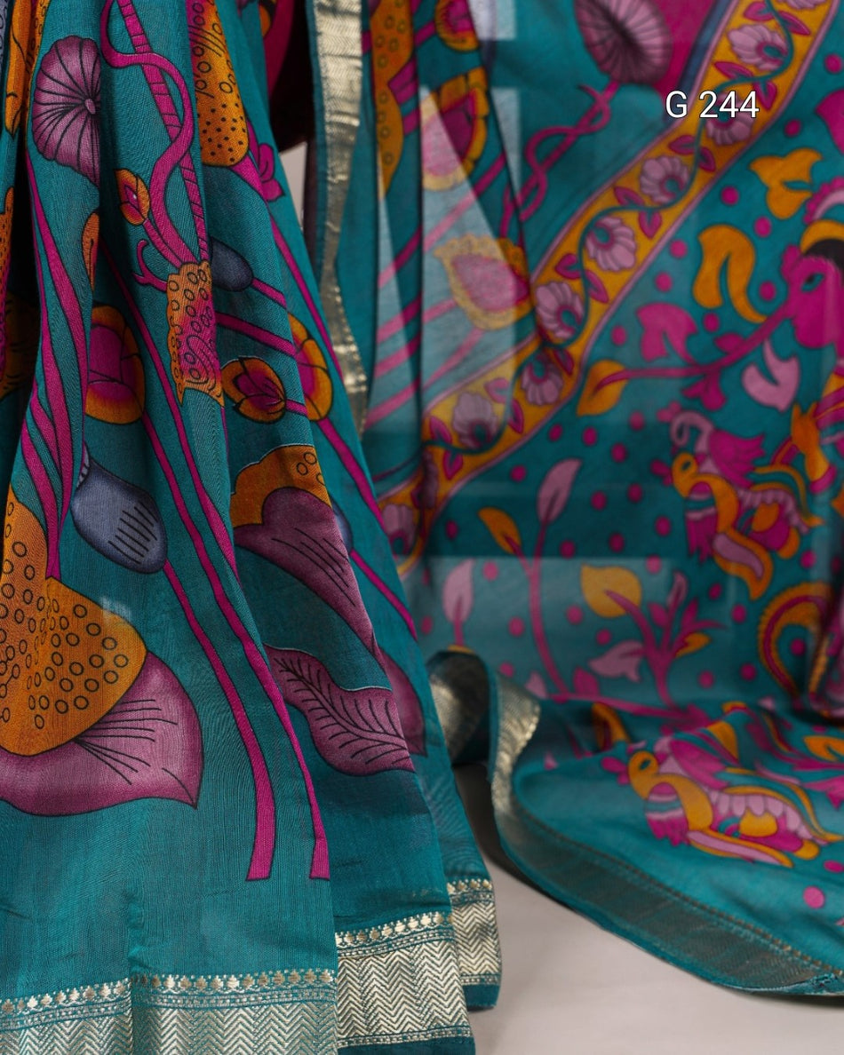 Traditional Floral Printed Polyester Viscose Chanderi Saree with Zari Weaving – G 244 Teal
