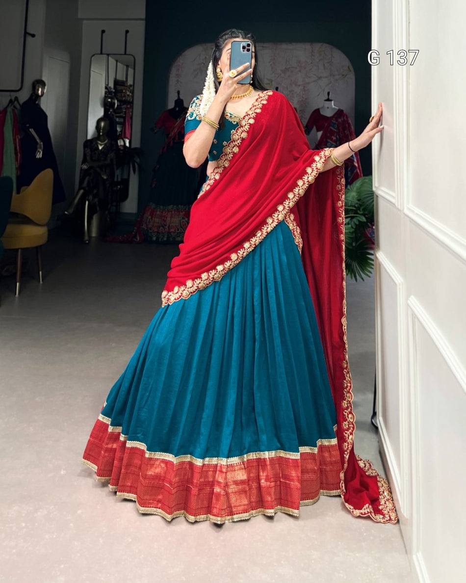 Vichitra Silk Lehenga with Zari Weaving Work & Sequins Lace Border – Teal-G 137 Teal