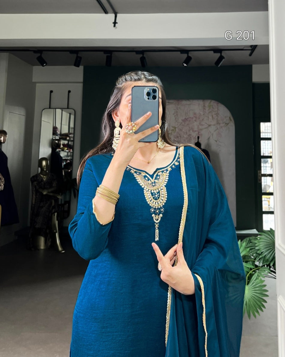 Teal Vichitra Silk Top with Beads Handwork and Sequins Work, Plain Bottom & Sequins Organza Dupatta – G 201 Teal