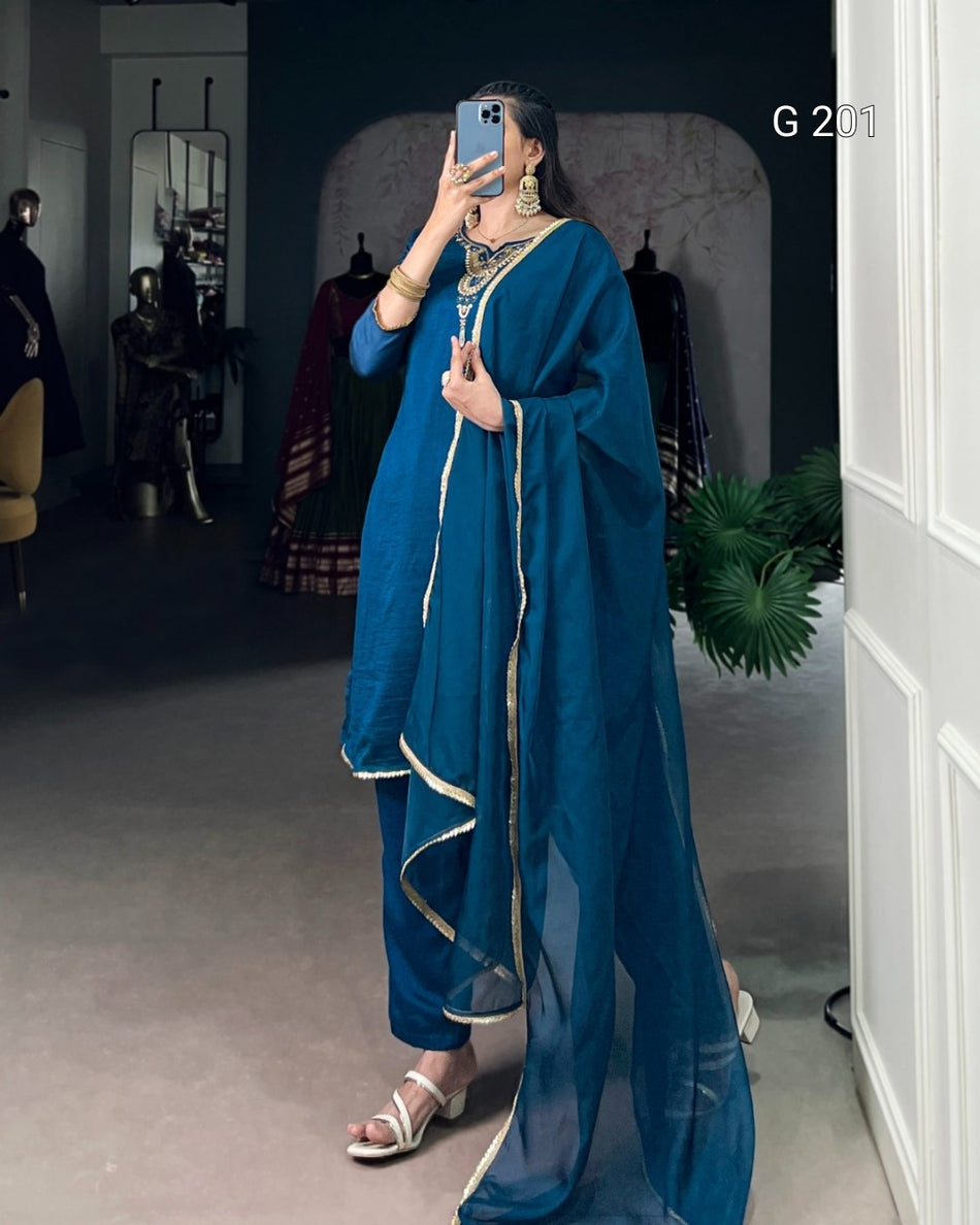 Teal Vichitra Silk Top with Beads Handwork and Sequins Work, Plain Bottom & Sequins Organza Dupatta – G 201 Teal