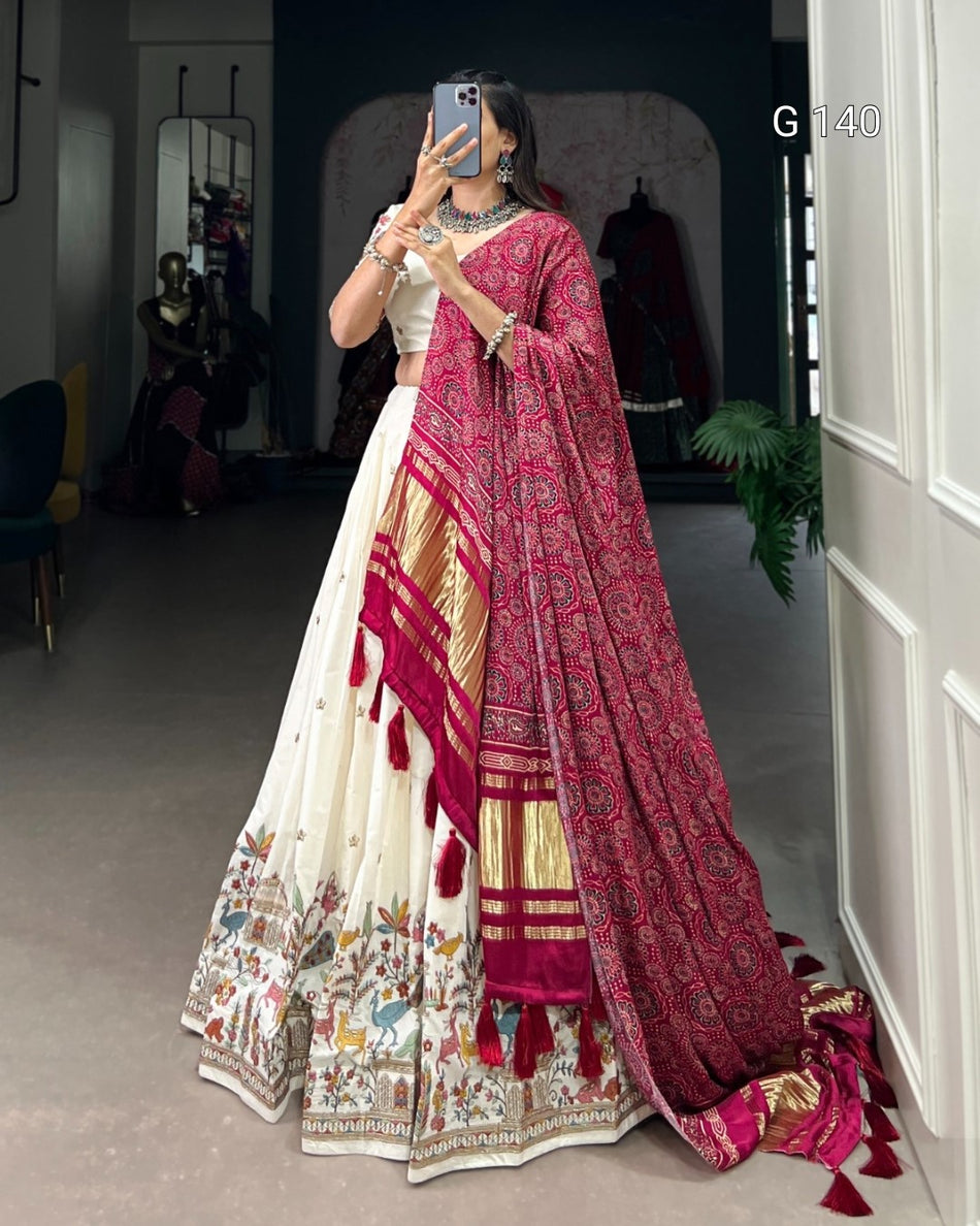 Temple Khadi Cotton Lehenga with Sequins & Thread Embroidery Work and Tassel Dupatta-G 140 Temple