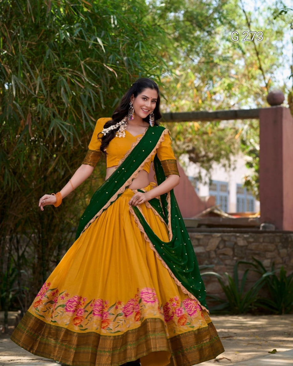 Thread Embroidery Cotton Silk Lehenga with Zari Weaving – G 273 Yellow