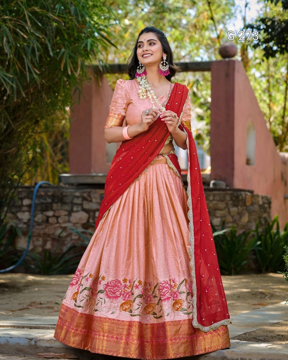 Thread Embroidery Cotton Silk Lehenga with Zari Weaving – G 273 Peach