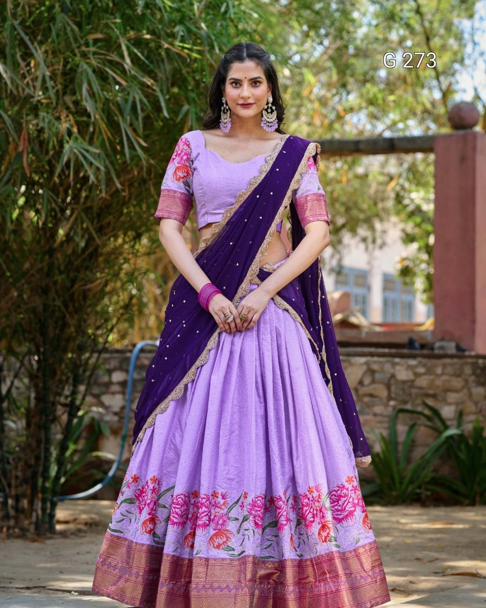 Thread Embroidery Cotton Silk Lehenga with Zari Weaving – G 273 Lavender