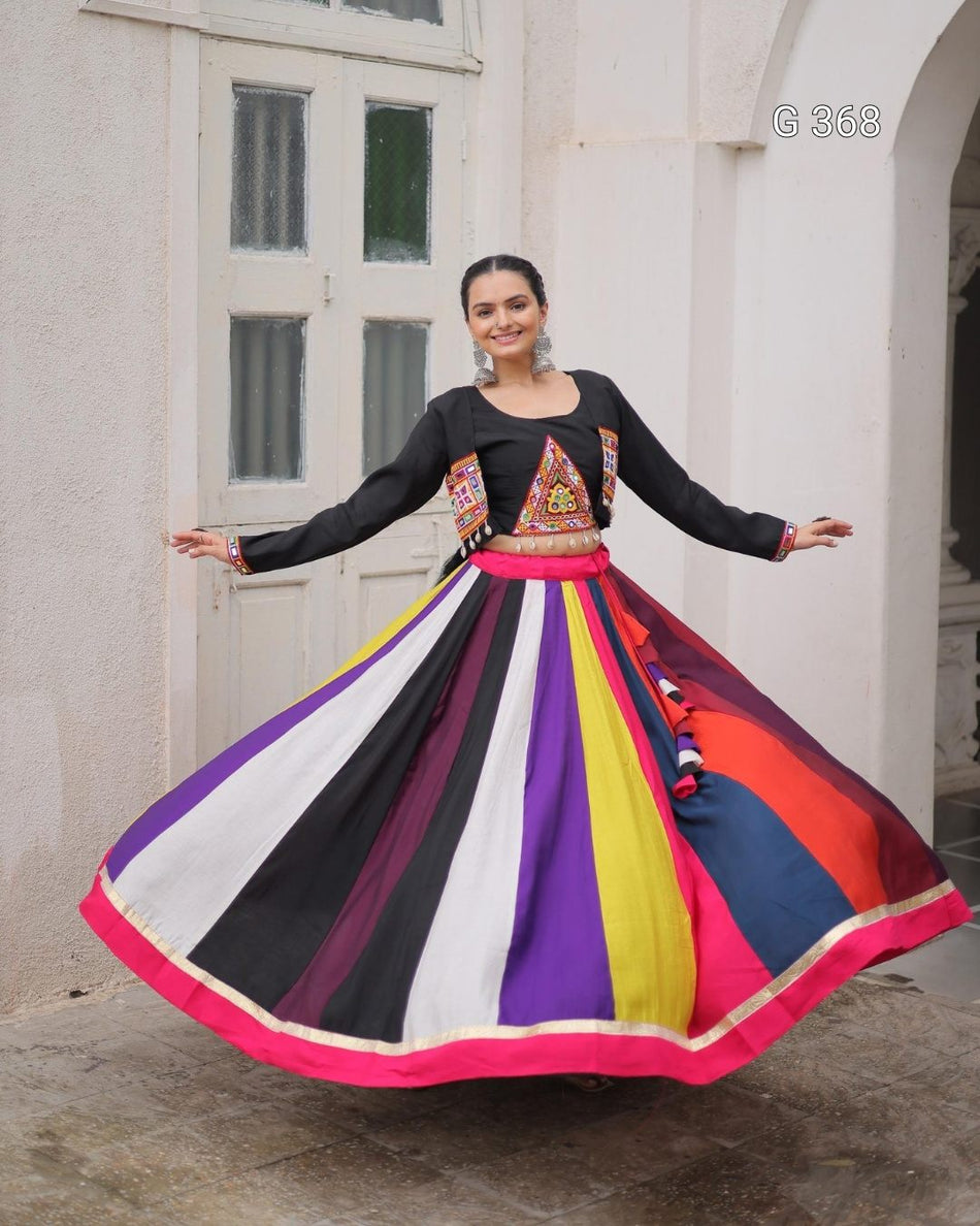Roman Fabric Lehenga with Lace Work & Gamthi Embroidered Koti – G 368 Multi