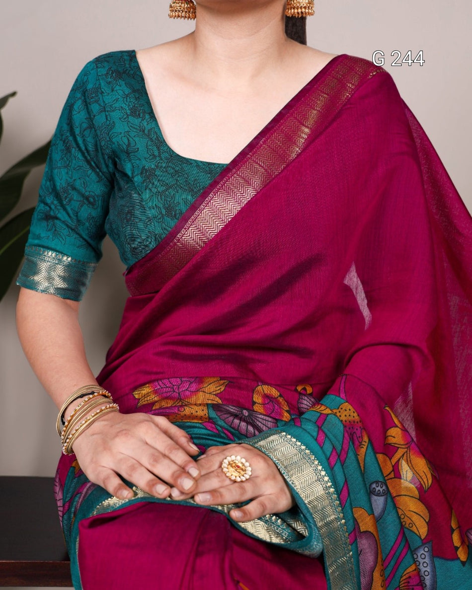 Traditional Floral Printed Polyester Viscose Chanderi Saree with Zari Weaving – G 244 Pink
