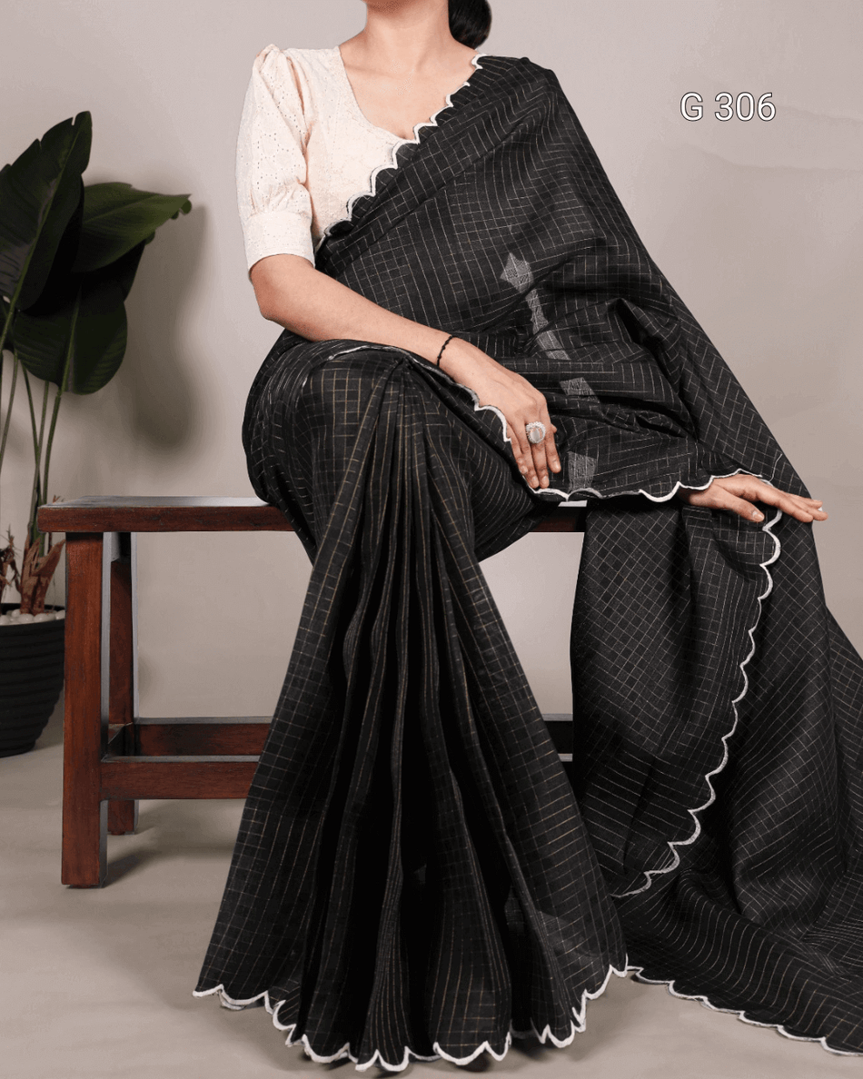 Black Gadhwal Chex Saree with Arca & Lucknowi Work – G 306 Black