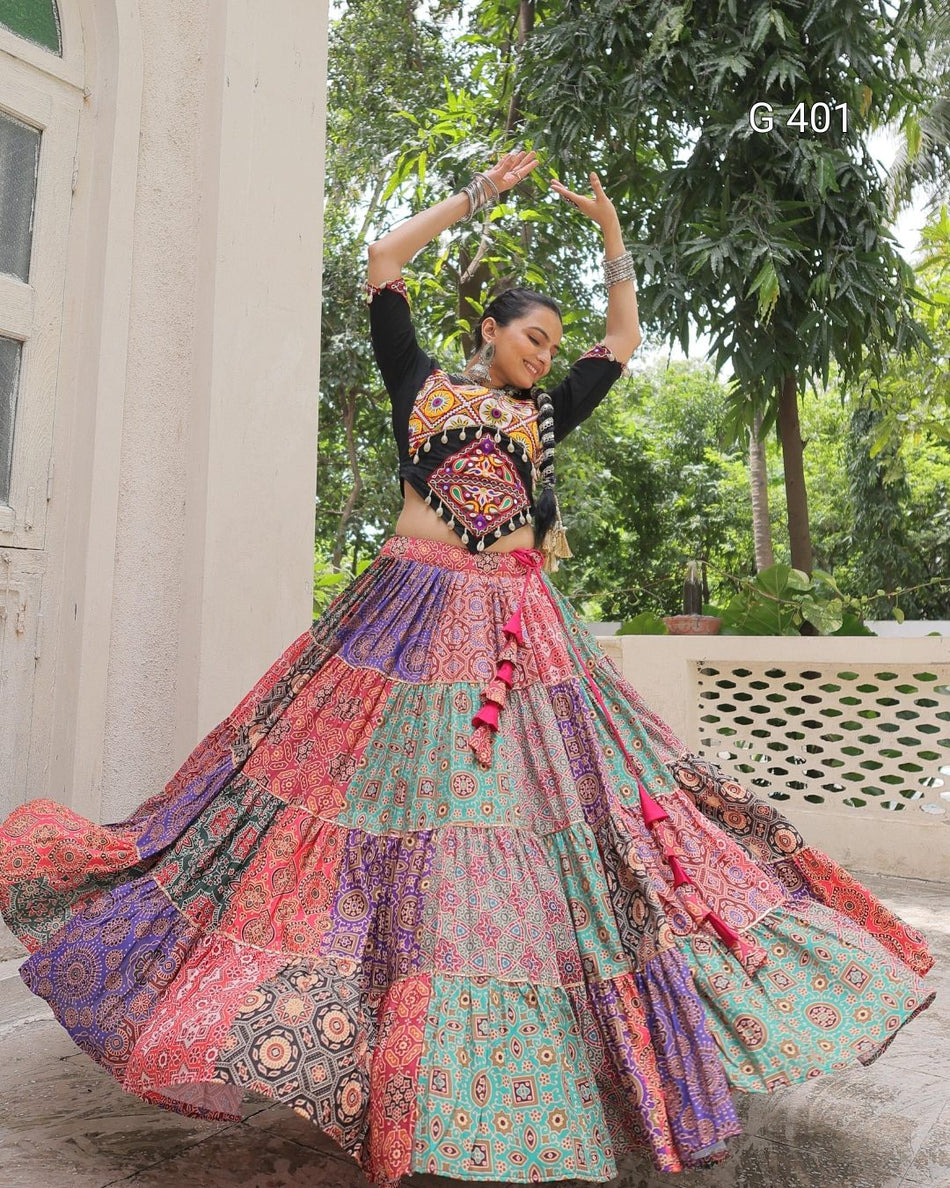 Cotton Printed Lehenga with Kutchi Gamthi Embroidered Top – G 401 Multi