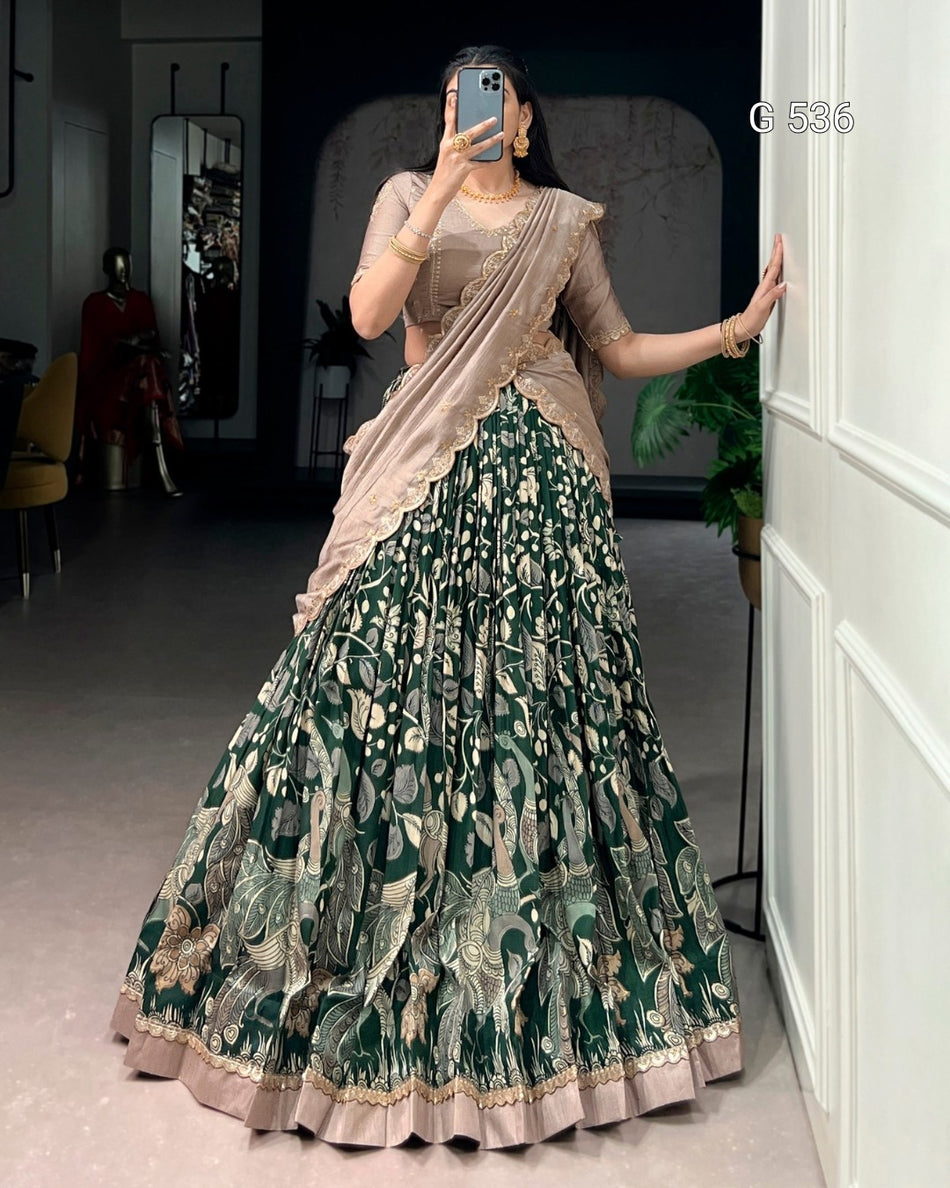 Kalamkari Tasar Silk Lehenga with Embroidered Dupatta - G 536