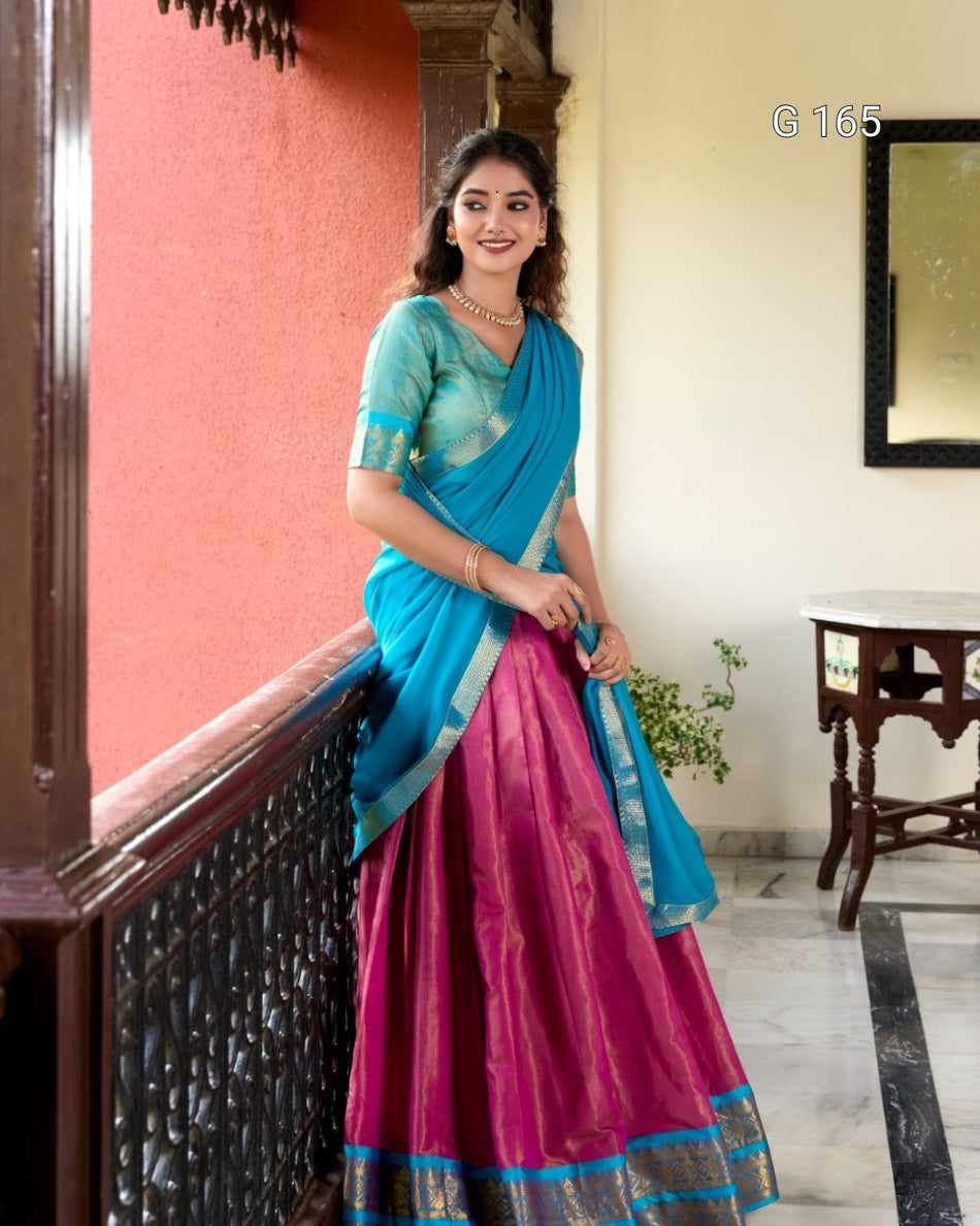 Pink Kanchipuram Lehenga with Zari Weaving Work & Georgette Dupatta-G 165 Pink