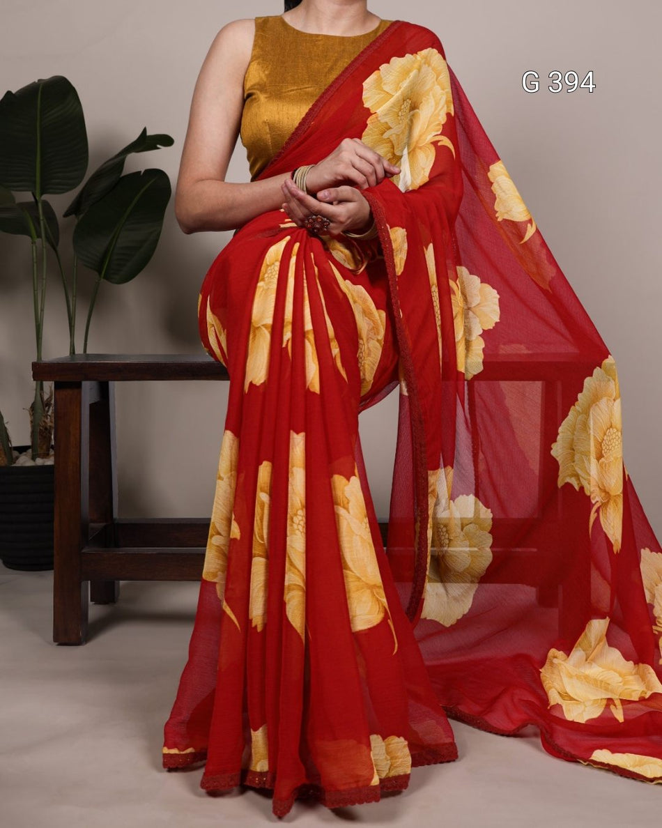 Floral Printed Chiffon Saree with Lace Border – G 394