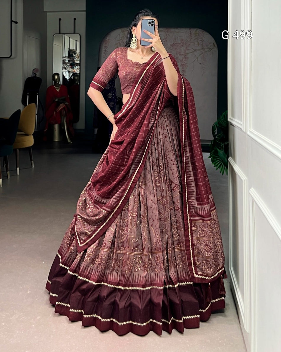 Designer Kalamkari Tasar Lehenga with Elegant Borders - G 499