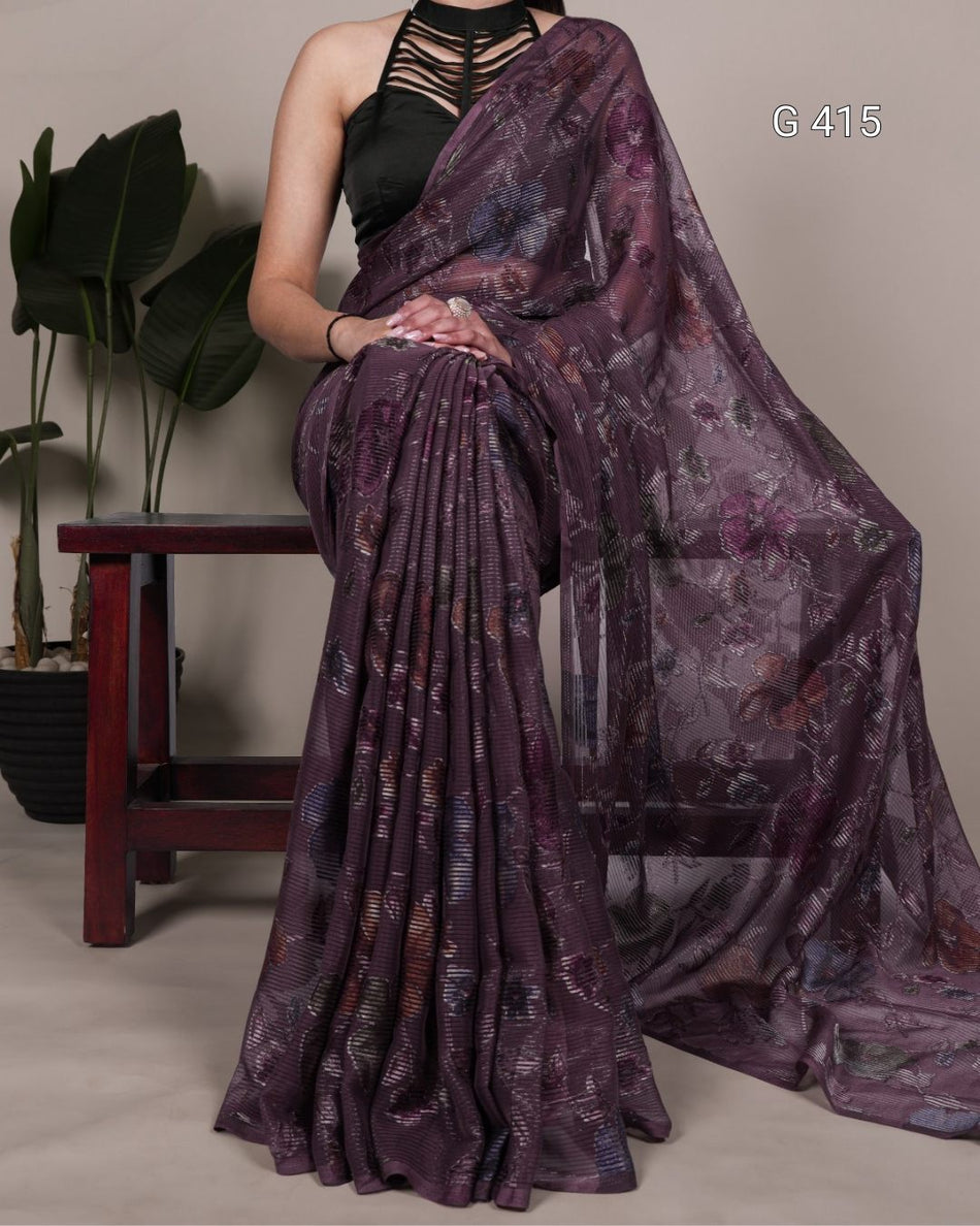 Floral Viscose Brasso Saree with Plain Silk Blouse – G 415