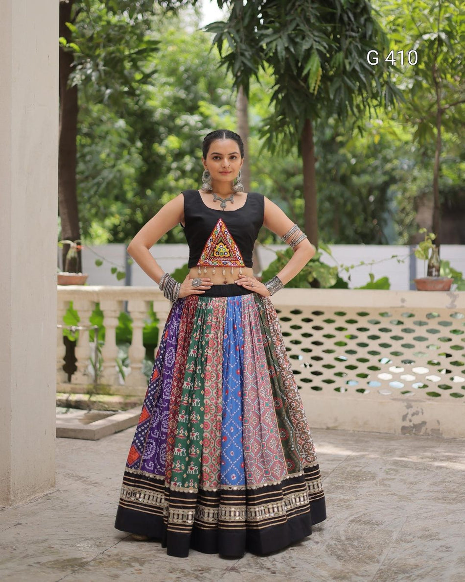 Cotton Printed Lehenga with Gota-Patti & Mirror Lace Top – G 410 Multi