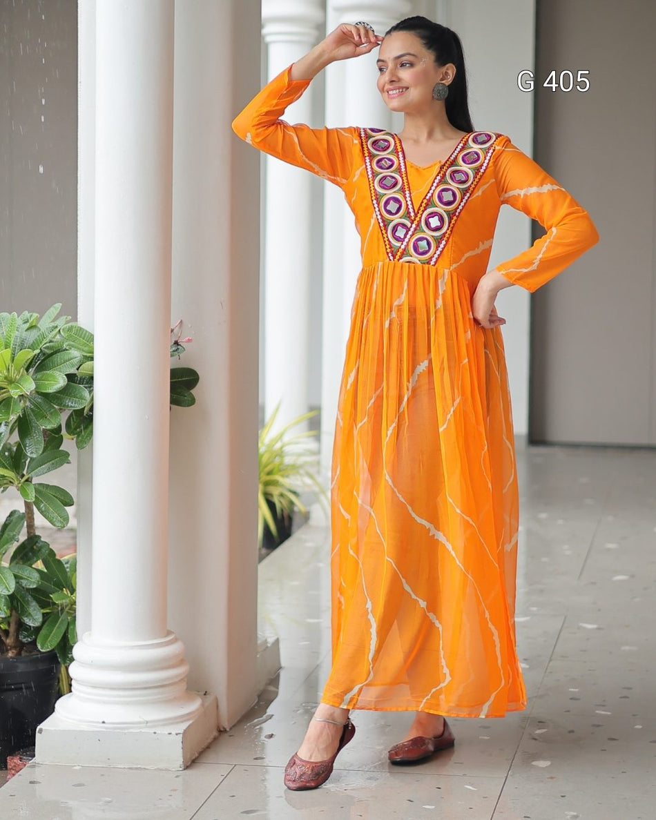 Faux Georgette Kurti with Leheriya Print & Kutchi Patchwork – G 405 Yellow