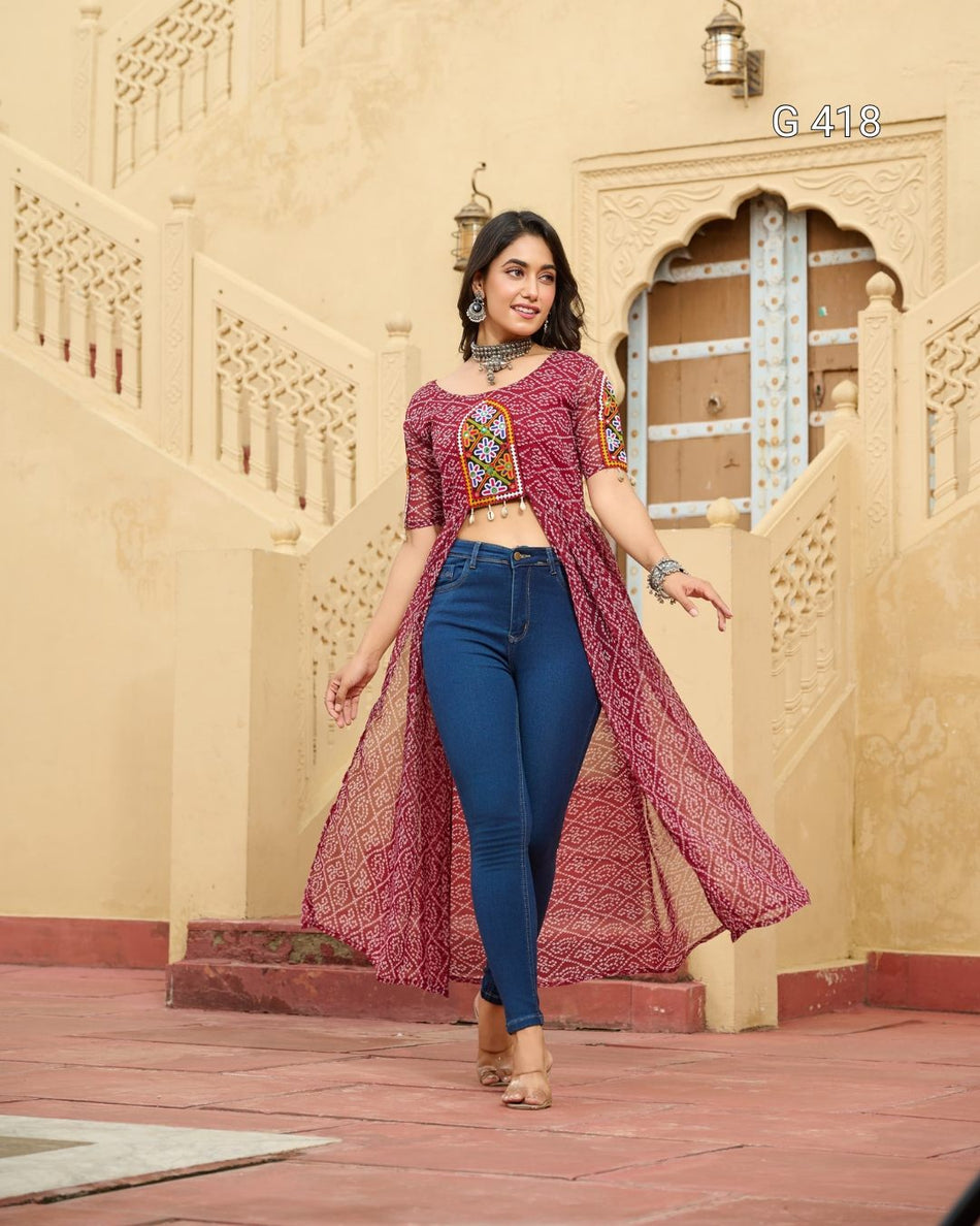 Bandhani Print Faux Georgette Kurti with Kutchi Patchwork – G 418