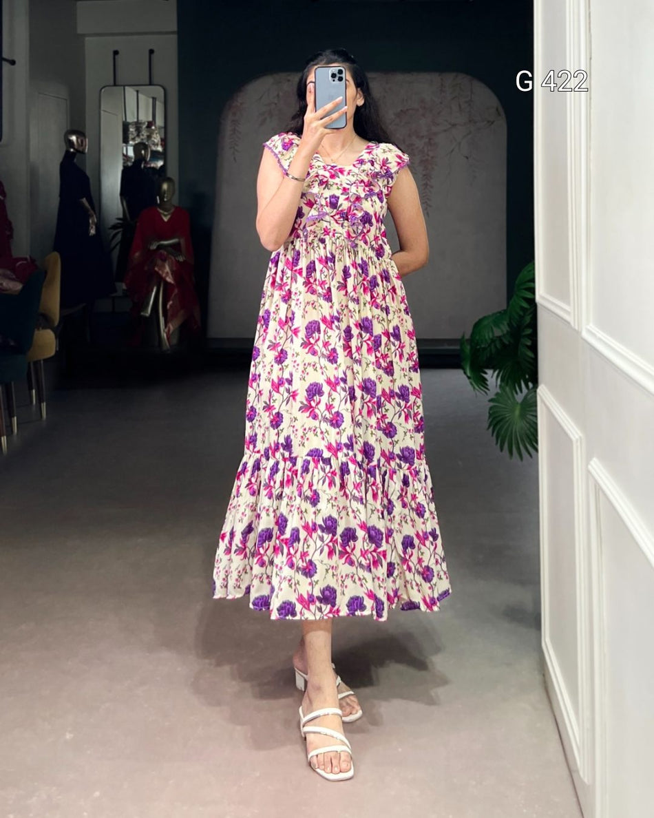 Floral Printed Maslin Silk Frock – G 422