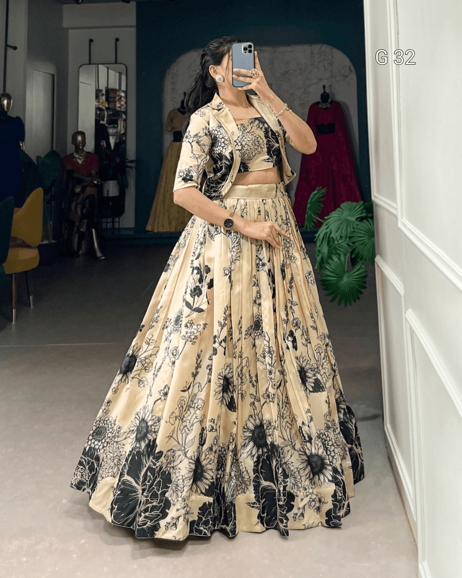 Cream Tussar Silk Lehenga with Floral Print – G 32 Cream