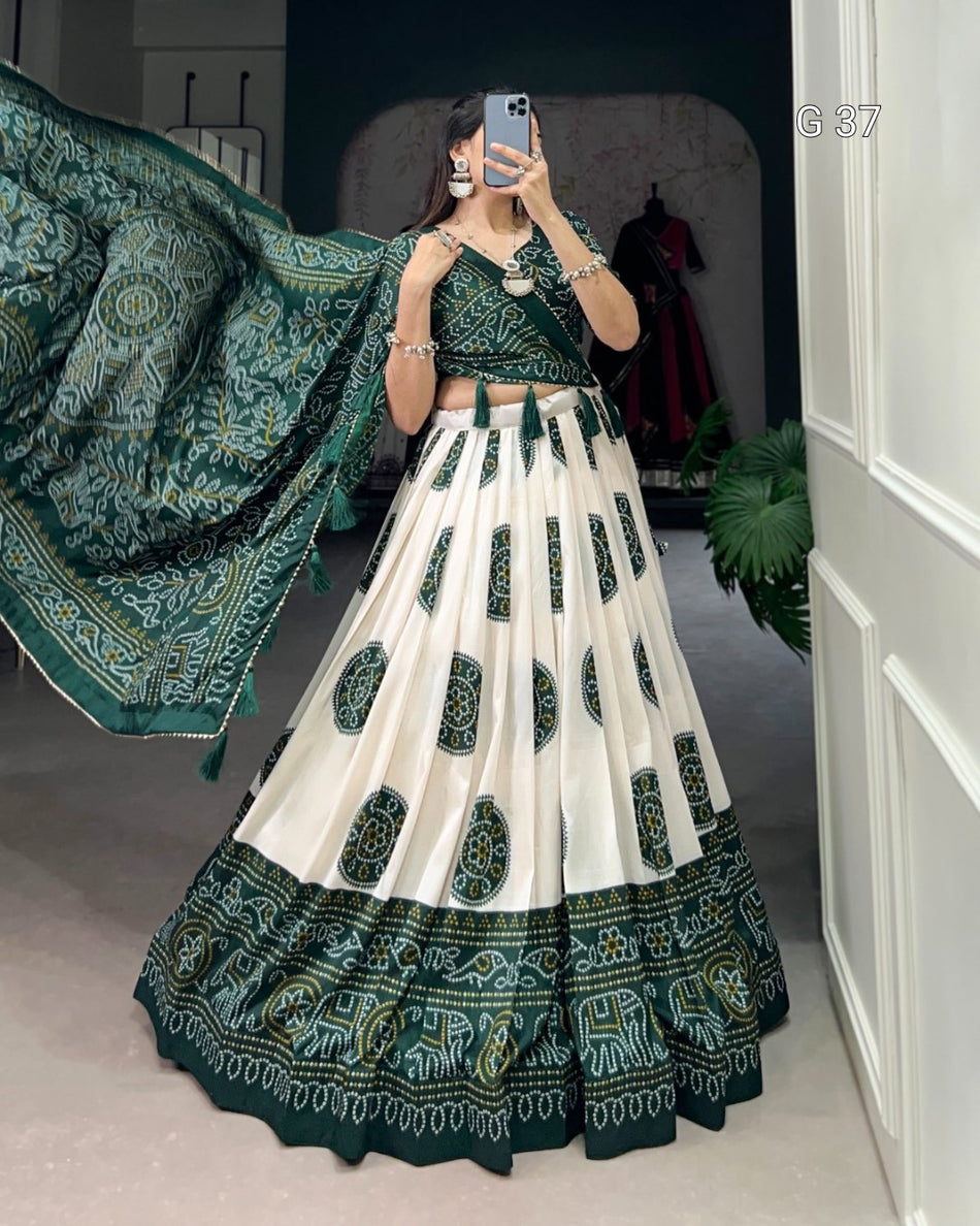 Tussar Silk Bandhej Print Lehenga with Gotta Patti Lace Border & Tassels – G 37 Green