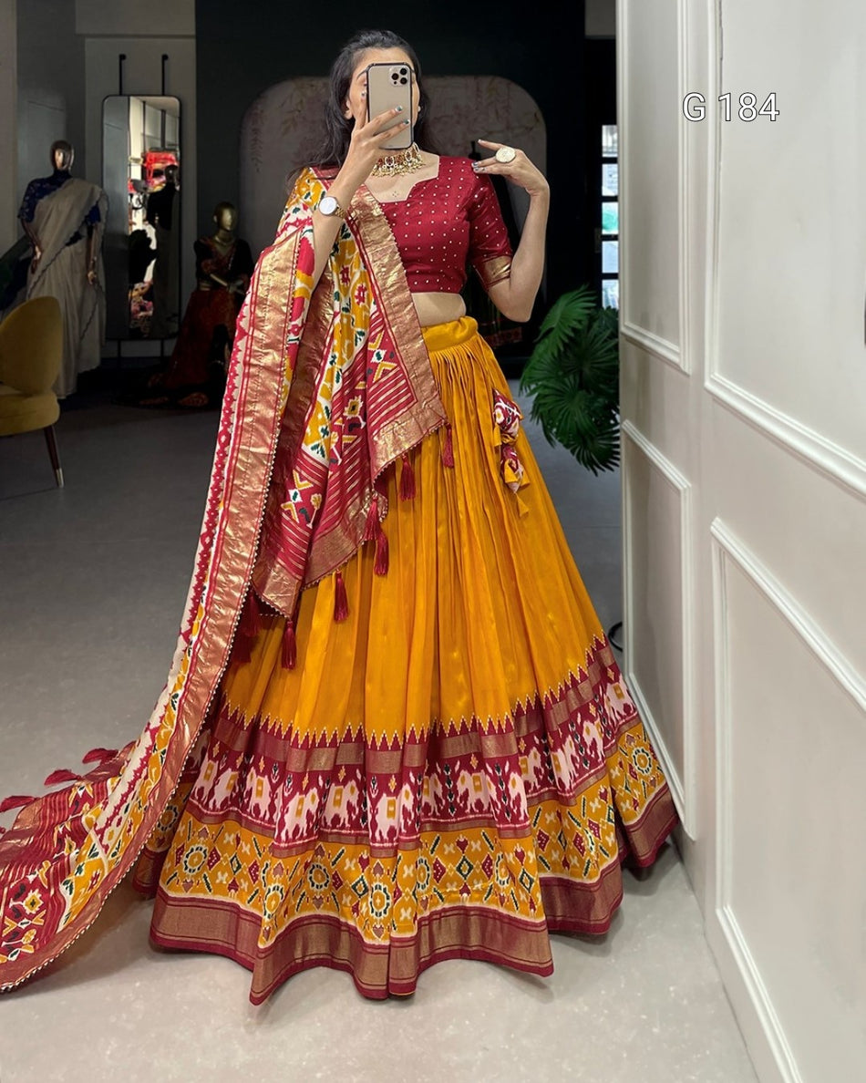 Mustard Tussar Silk Lehenga with Patola Print & Foil Work – G 184 Mustard