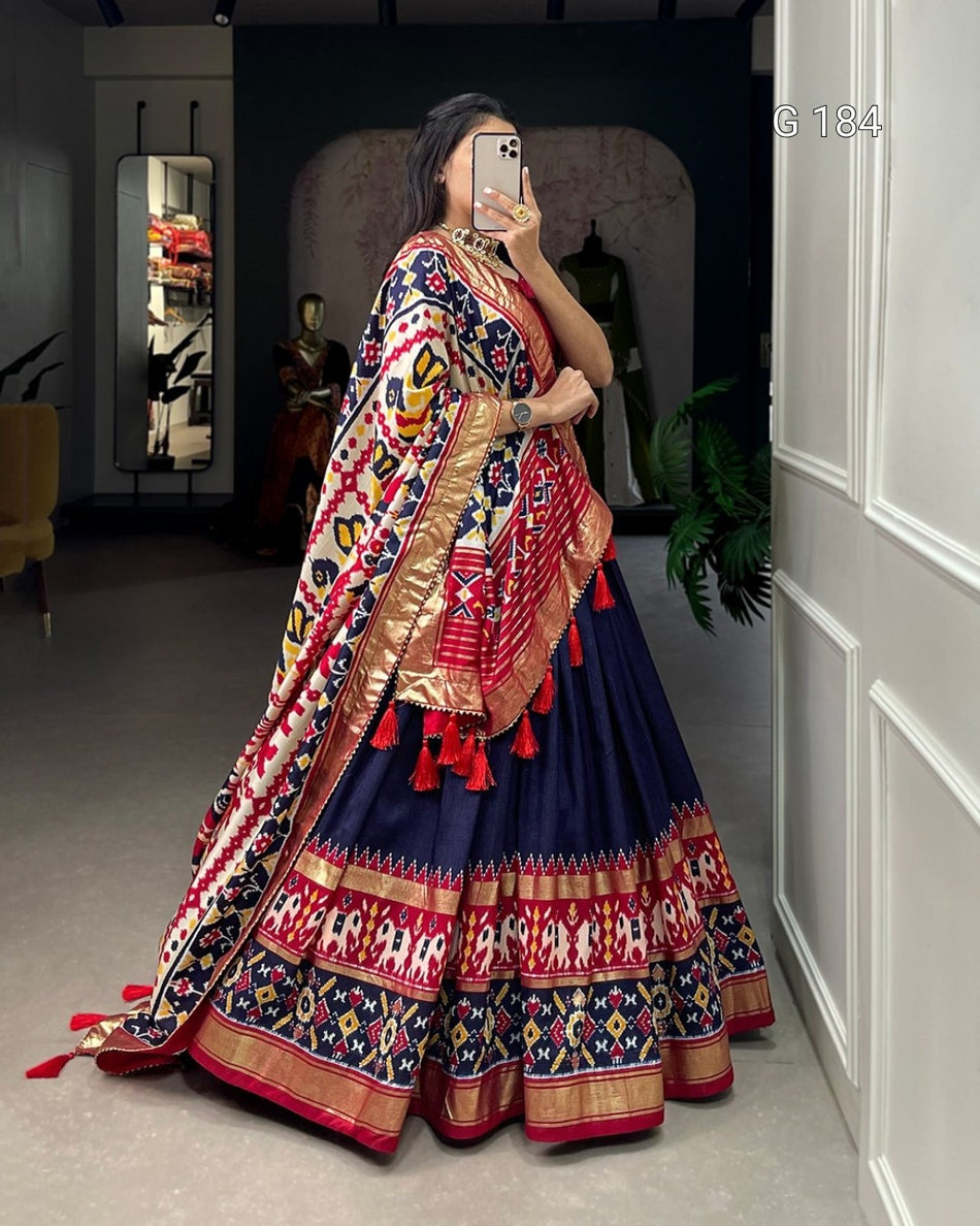 Navi Blue Tussar Silk Lehenga with Patola Print & Foil Work – G 184 Navi Blue