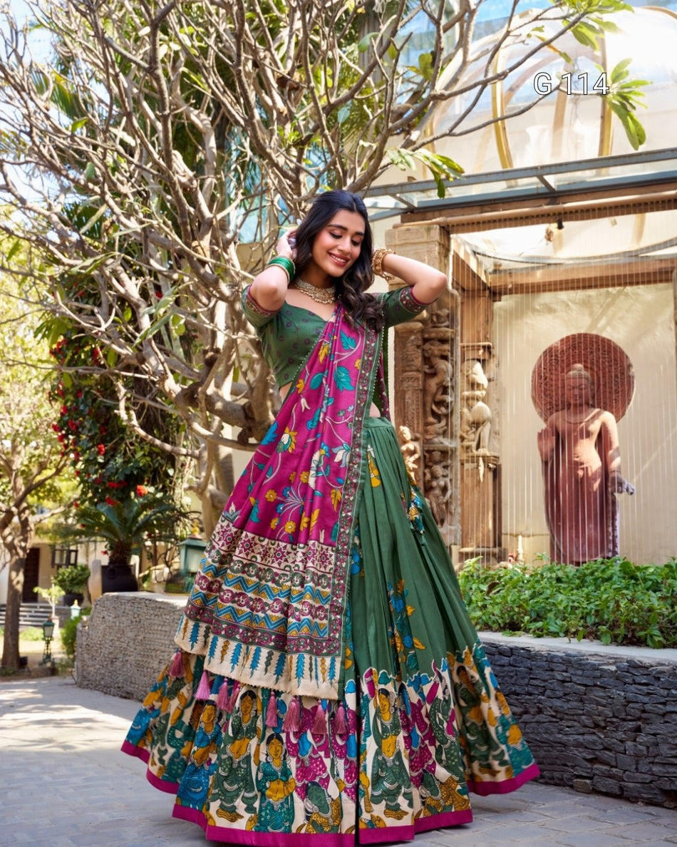 Tussar Silk Lehenga with Foil Work & Kalamkari Print Dupatta – G 114 Mehendi