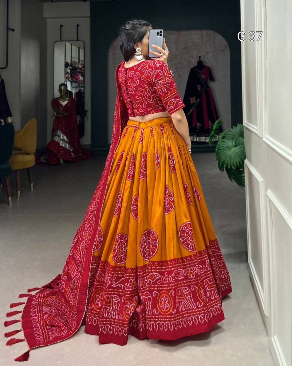 Tussar Silk Bandhej Print Lehenga with Gotta Patti Lace Border & Tassels – G 37 Mustered